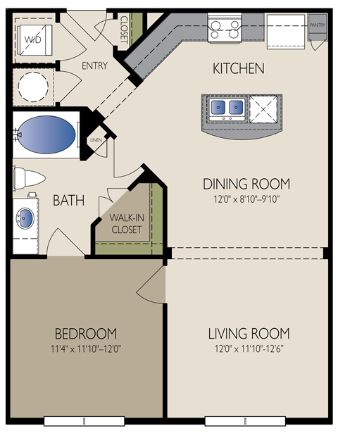 Floor plan for 1 bed, 1 bath, 754 sqft